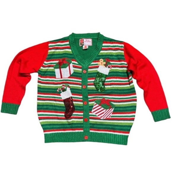 Ugly Christmas Sweater Cardigan Women's Large Green Red‎ Striped Gifts Stockings - Picture 2 of 6